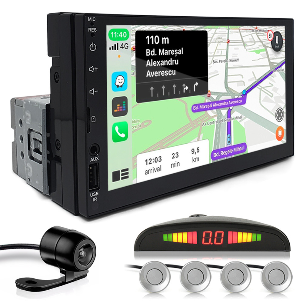 Kit Multimídia 1 Din 7 Polegadas + Câmera Ré + Sensor Ré Prata Audi A1 2010 2011 2012 2013 Espelhamento Android Auto