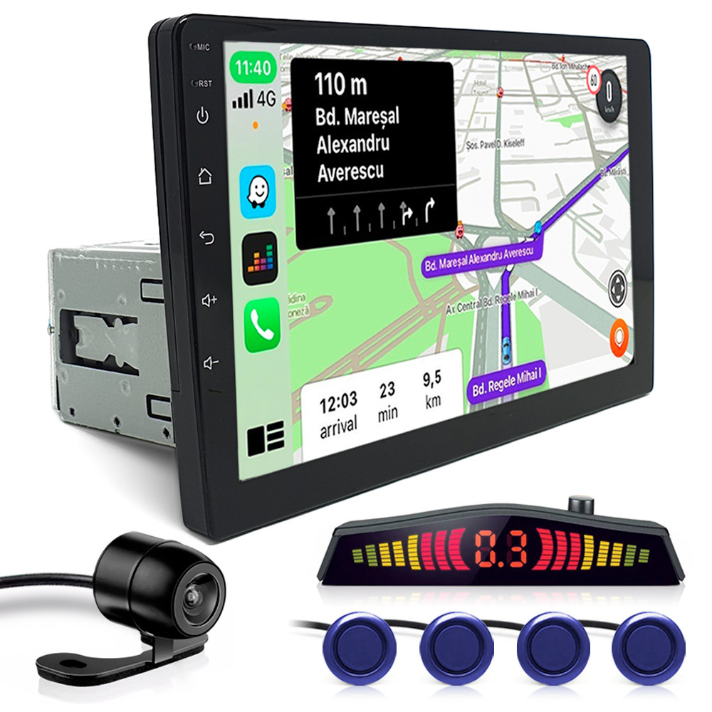 Kit Multimídia 1 Din 9 Polegadas + Câmera Ré + Sensor Ré Azul Audi A1 2010 2011 2012 2013 Espelhamento Android Auto