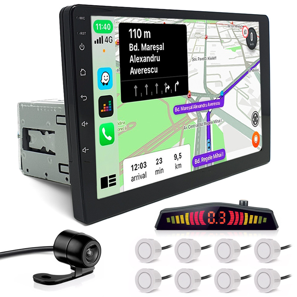 Kit Multimídia 1 Din 9 Polegadas + Câmera Ré + Sensor 8 Pontos Branco Audi A1 2010 2011 2012 2013 Android Auto