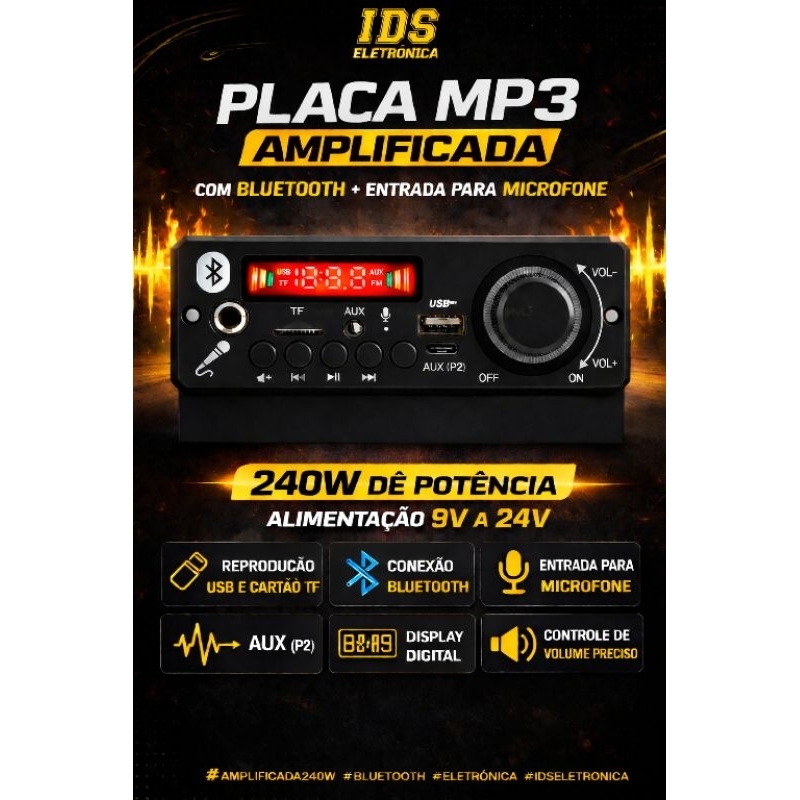Placa MP3 Decoder Board Bluetooth 5.0 USB TF FM + Controle Remoto 2x120W 9v a 24v