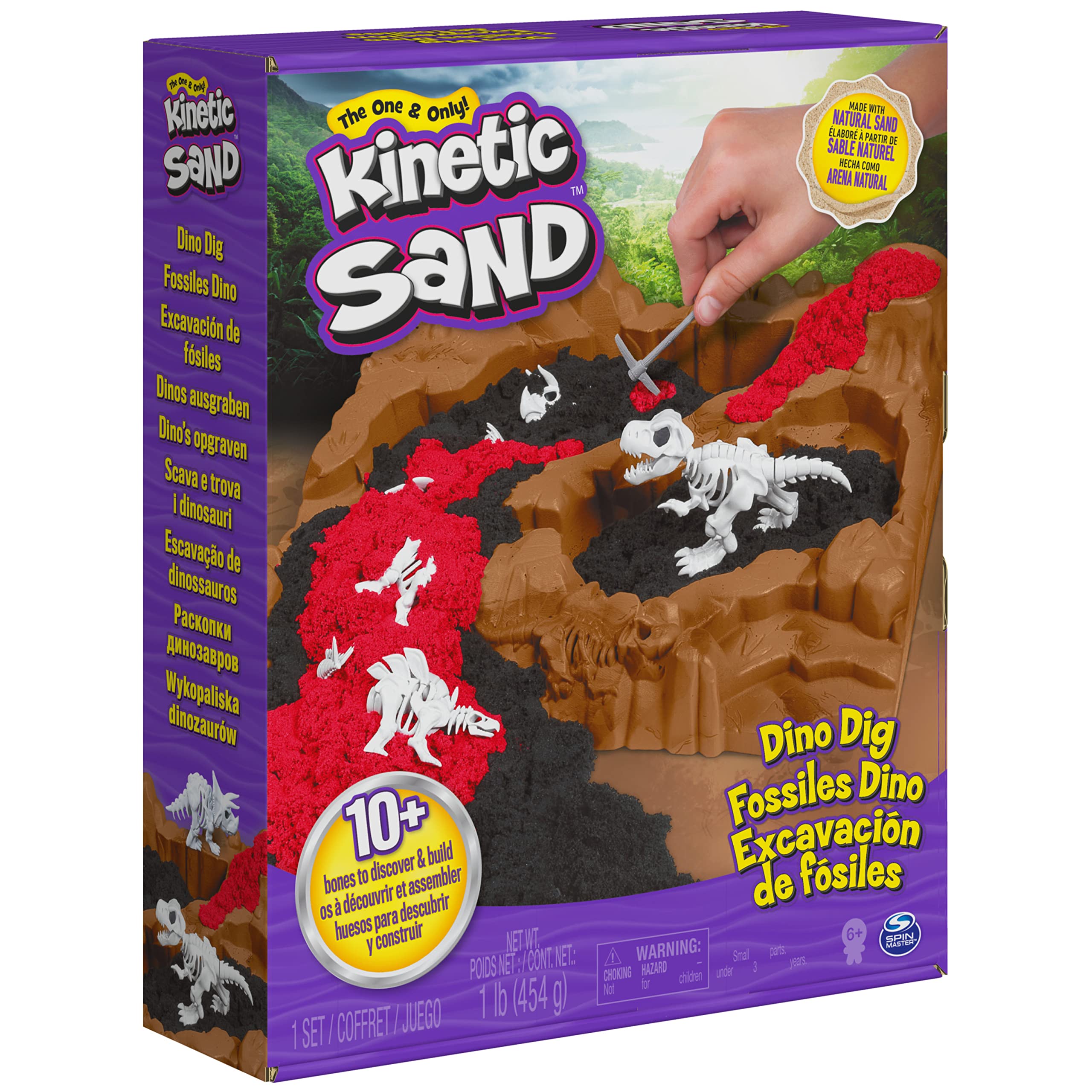 Conjunto de Brincadeira Kinetic Sand Dino Dig com 10 Ossos de Dinossauro Escondidos, 450g de Areia Sensorial Mágica,