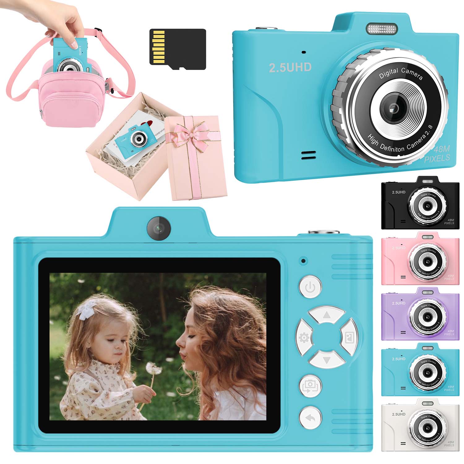 Câmera Digital Infantil Compacta 48MP Foto Vídeo HD 2.5K Zoom 8X Estabilizador de Imagem Temporizador Auto Flash para