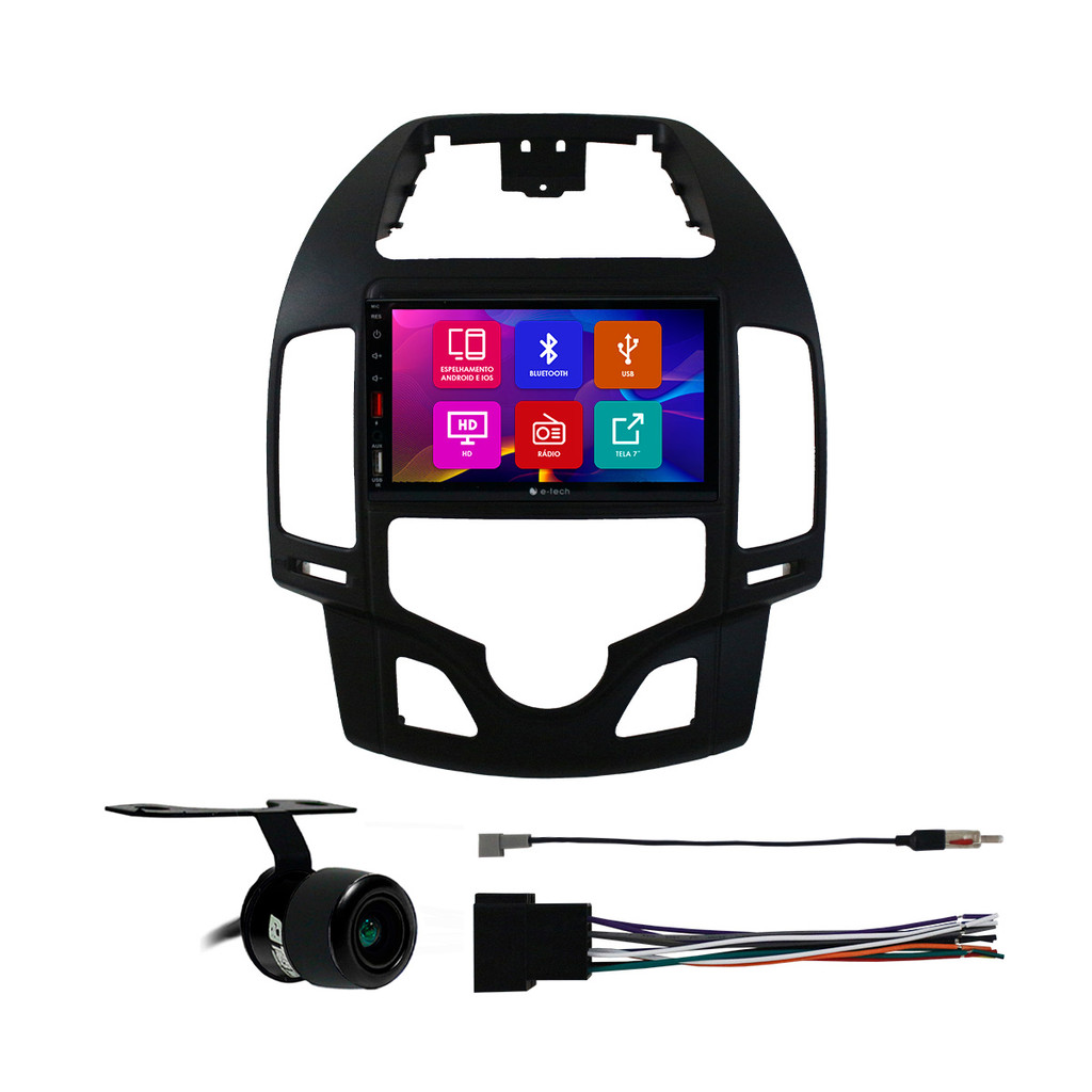 Kit Multimidia 7 Pol I-30 Ar Digital 2008 2009 10 2011 2012 Android Auto Carplay Qa+ 2 Din Preto Espelhamento Camera Ré