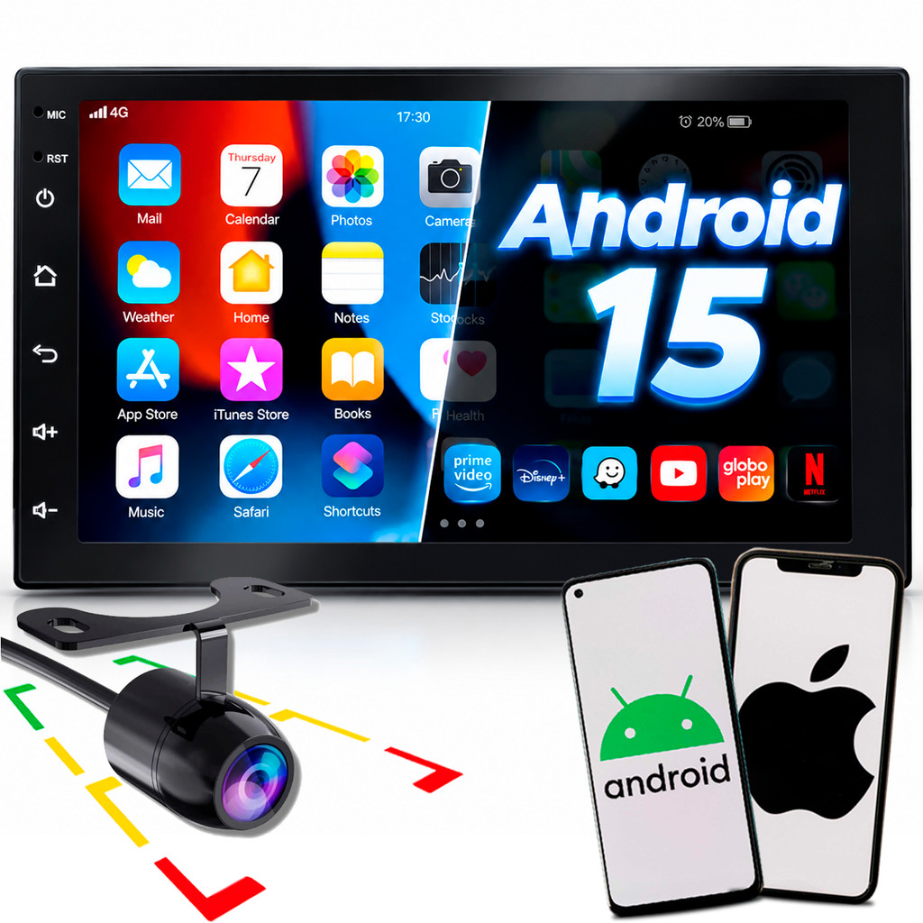 Central Multimídia 7 Polegadas Android 15 64Gb+4Gb Ram Carplay Android Auto Sem Fio Tv Digital Aplicativos Câmera de Ré
