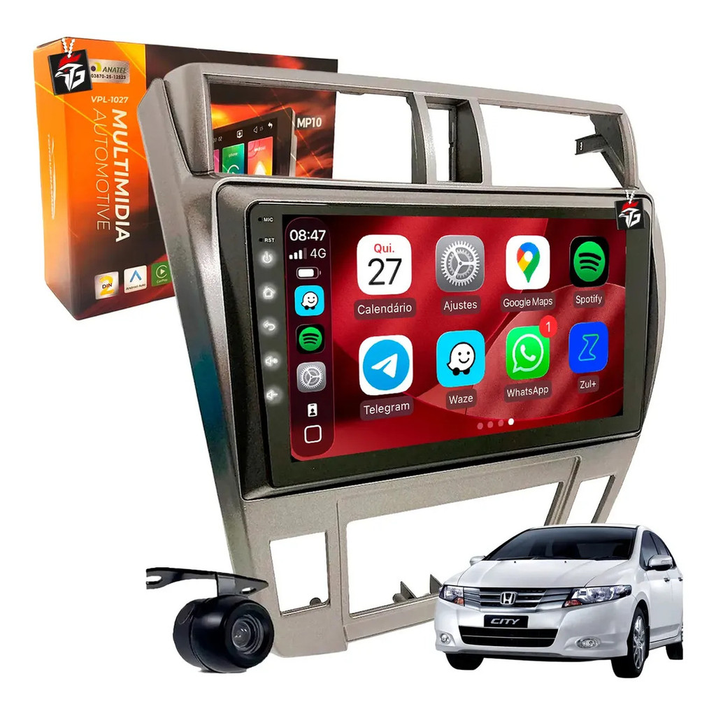 Multimídia Mp10 Carplay Rádio Fm Android Auto Espelhamento Tela Waze Maps Câmera Ré Honda City 2008 À 2014 Ar Digital