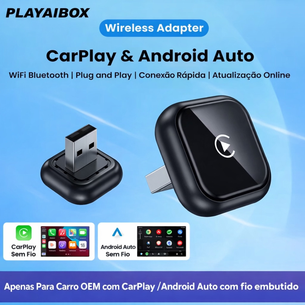 Adaptador Wireless CarPlay e Android Auto 2 em 1 5GHz | Sem Fio Plug & Play | Conexão Automática Bluetooth WiFi