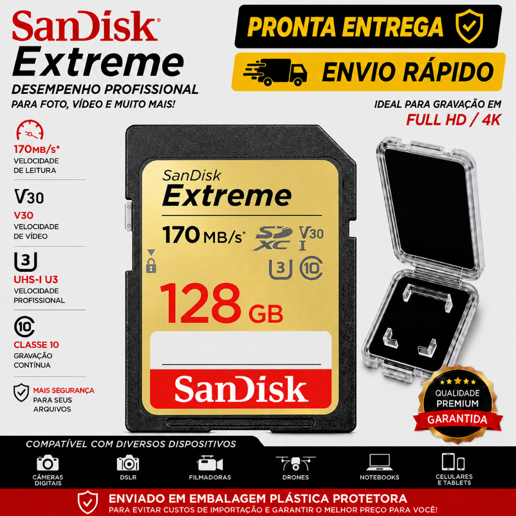 Cartão SDXC SanDisk Extreme 32GB 64GB 128GB 170MB/s UHS-I C10 U3 V30 Alta Velocidade Para Câmeras Filmadoras GoPro Canon