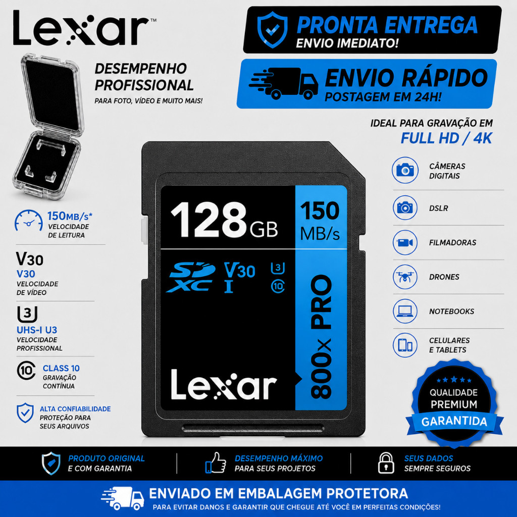 Cartão de Memória SD Lexar 32gb 64gb 128gb SDXC UHS-I C10 U3 V30 4K UHD Full HD Para Filmadoras