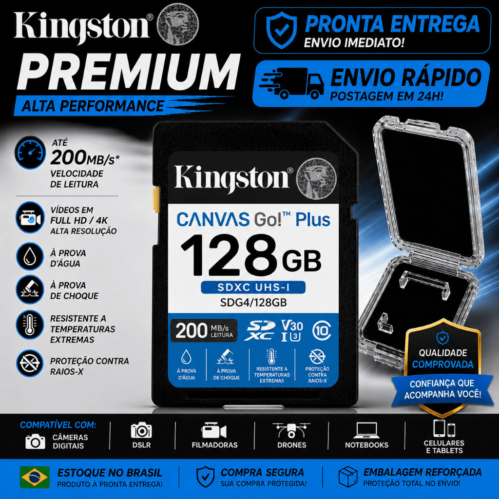 Cartão de Memória SD Kingston 32gb 64gb 128gb SDXC UHS-I C10 U3 V30 4K UHD Full HD Para Filmadoras