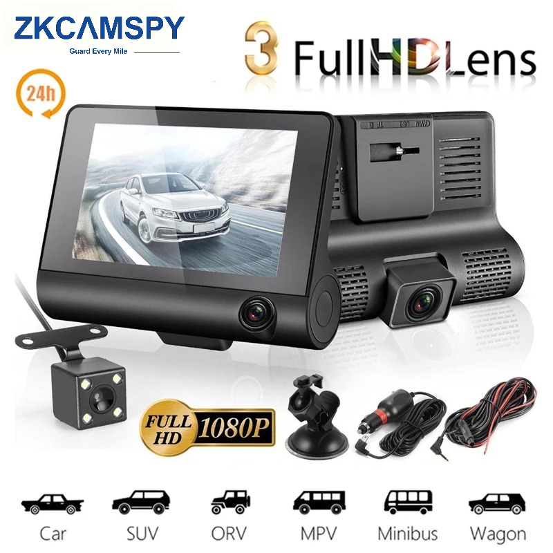 Dash 3 Canais Cam Gravador De Vídeo Dvr Para Carro Com Tela De 4 Polegadas Estacionamento E Direção