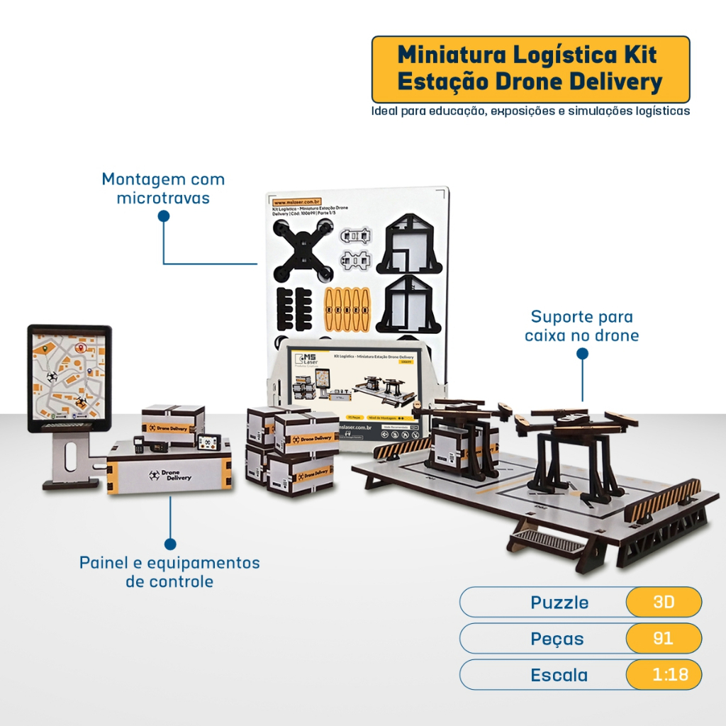 Kit Miniatura Logística 13 Componentes Estação Drone Entregas Escala 1:18 Maquete Diorama Puzzle 3D