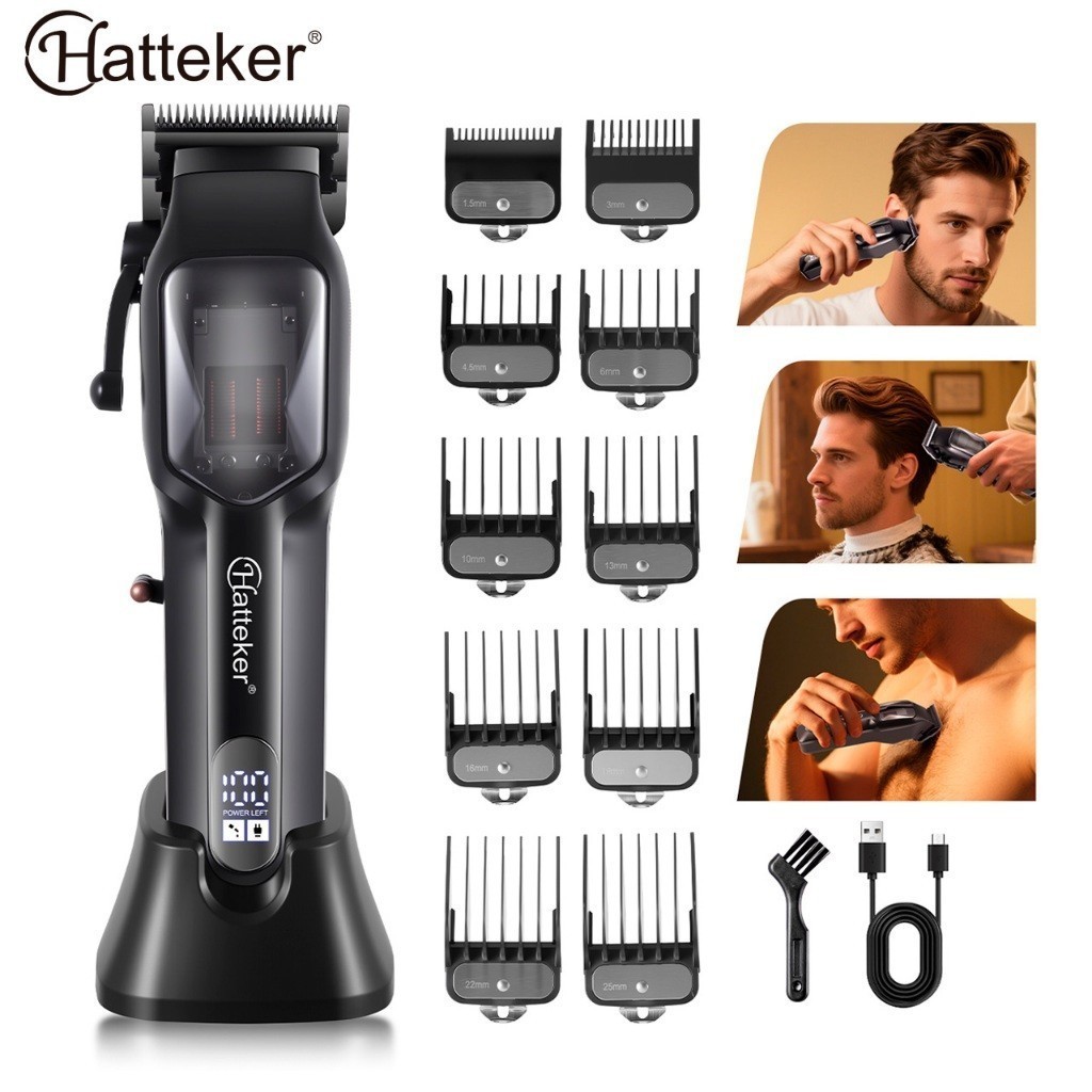 Máquina de Cortar Cabelo Profissional 2600 mAh, Baixo Ruído Barbeador Elétrico Hatteker Com Base
