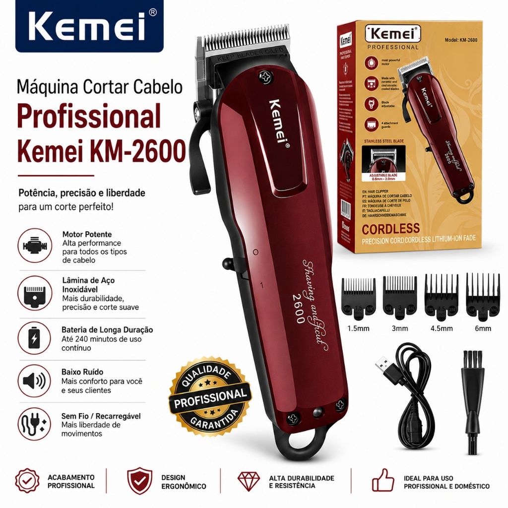 Máquina Kemei KM-2600 Profissional 9W Recarregável 2200mAh Corte Cabelo Barba bivolt 110v 220v