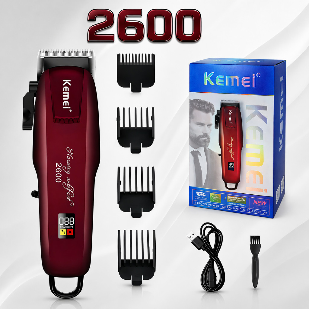 Máquina Corte Cabelo Profissional Kemei KM-2600 Recarregável Bivolt Barbeador 6 Pentes
