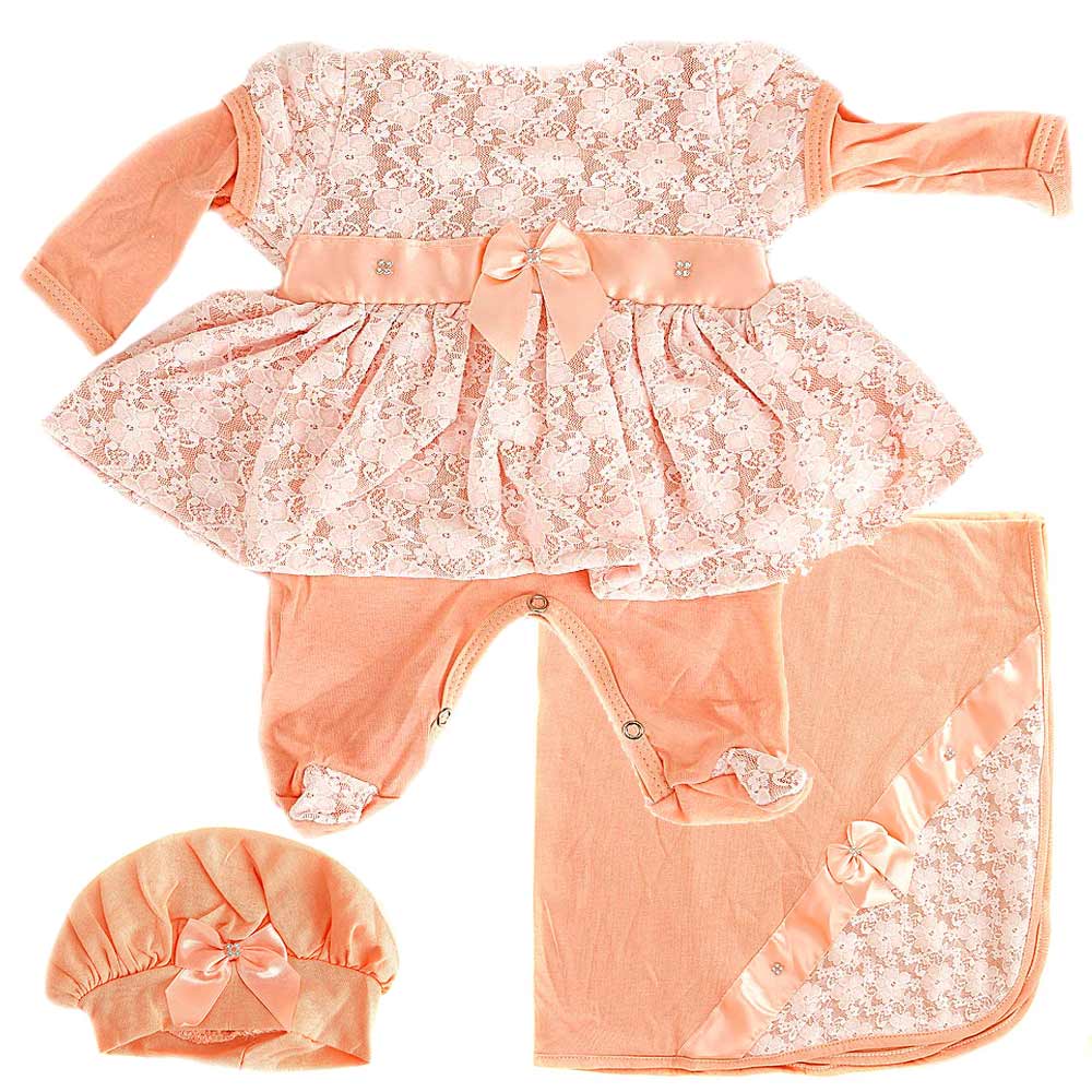 Conjunto Saida Maternidade Nenem Menina Renda Salmao 4PCS