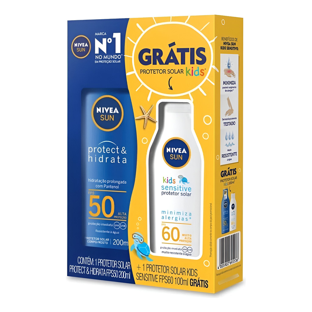 Kit Protetor Solar Nivea Sun Fps50 200ml + Kids e Babies 60fps 100ml | Protege e Hidrata, Resistente à água