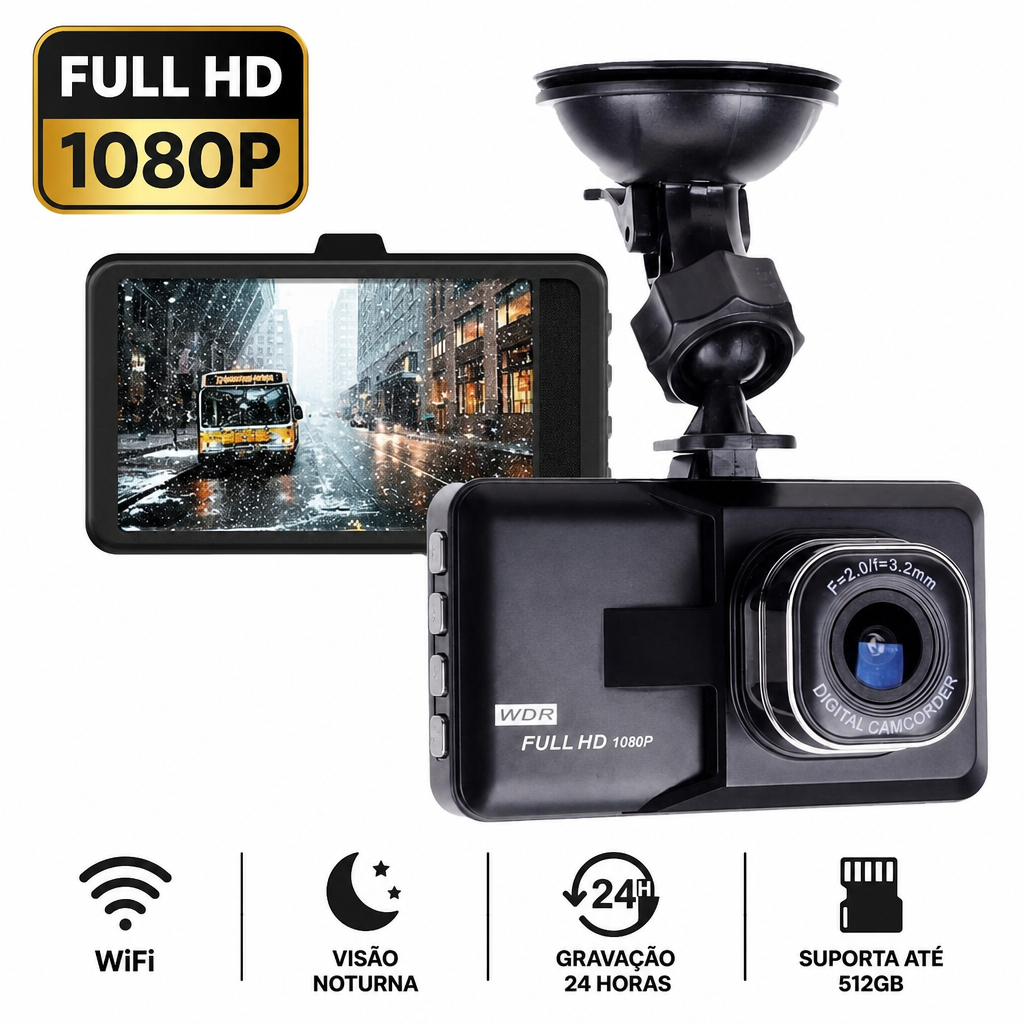Câmera Veicular Dashcam WiFi 1080P Visão Noturna Gravação 24h até 512GB Tela LCD