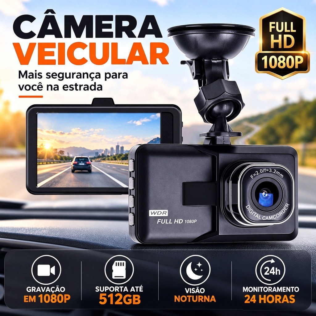 Dashcam WiFi Full HD 1080P 512GB Gravação HD Monitoramento 24h Visão Noturna para Carro