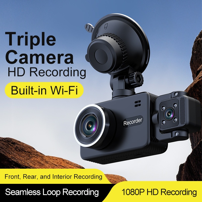 Novo DashCam De Três Lentes Com Visão Noturna HD 1080P Conectividade WIFI Para Detecção De Movimento , Gravidade E Monit