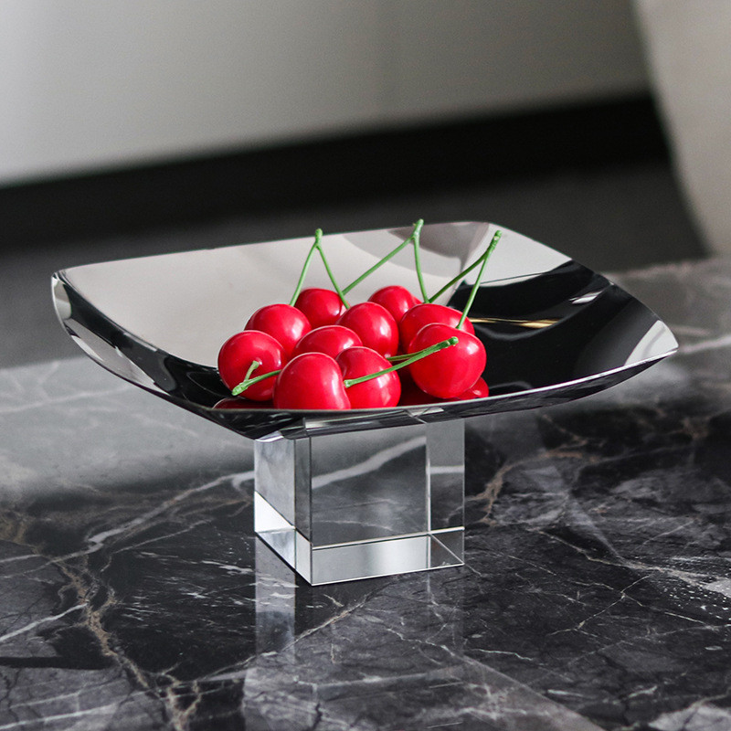 Light luxury Nordic metal square tray, creative decoration for the living room, high-footed crystal square fruit plate,