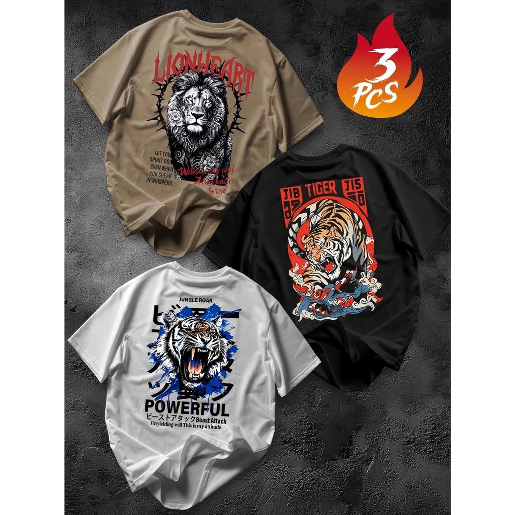 Kit 3 peças Camiseta Masculina Algodão Premium Adulto Plus Size Infantil Streetwear Felinos Leão Tigre tiger Power full
