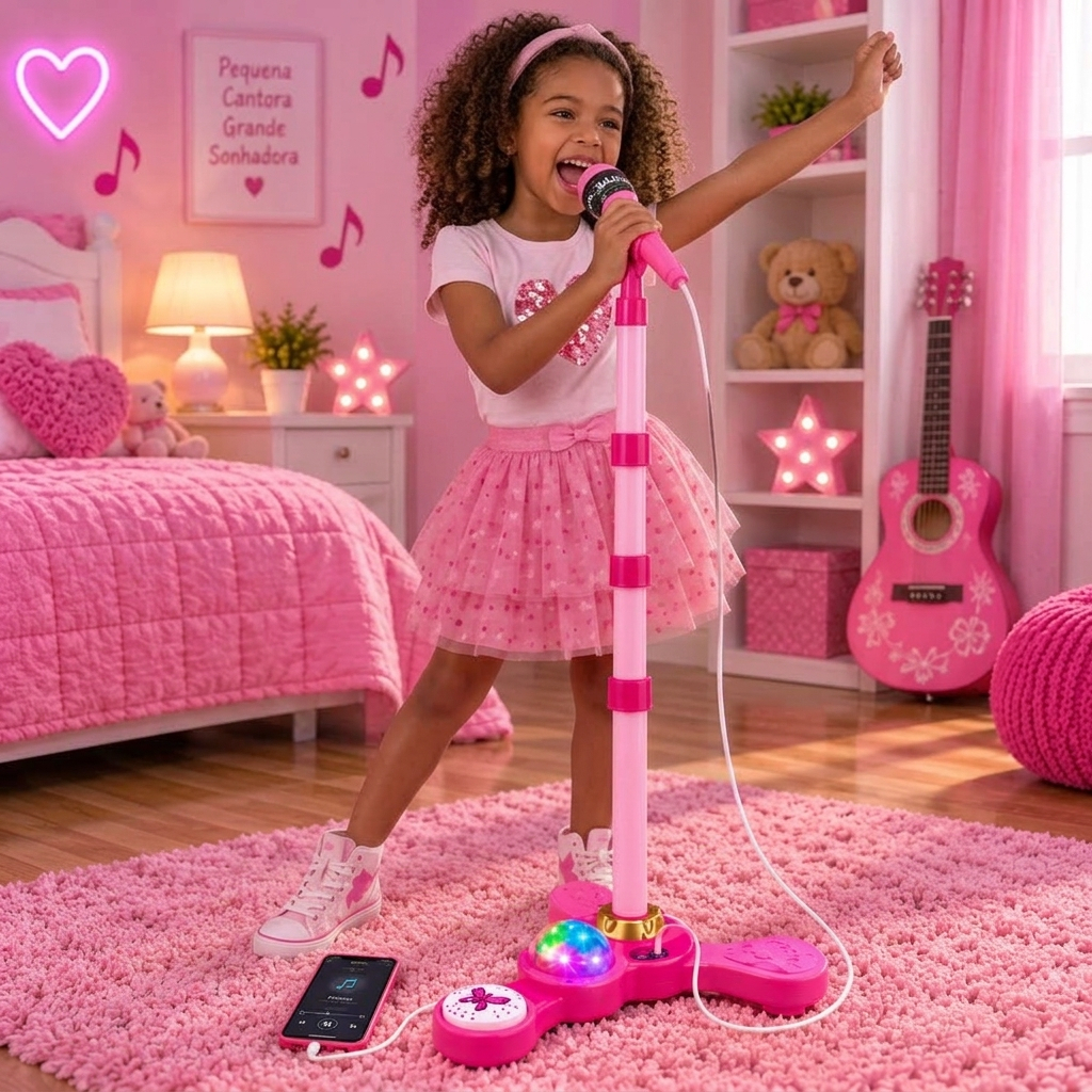 Microfone Infantil Karaokê Com Pedestal Luzes Som Conecta Celular MP3 Brinquedo 🚀