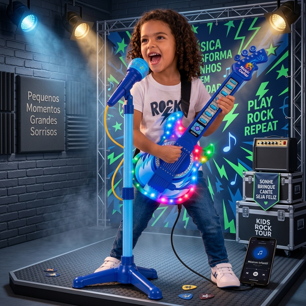 Guitarra Infantil Com Microfone Pedestal Karaokê Conecta Celular MP3 Sons Luzes Led