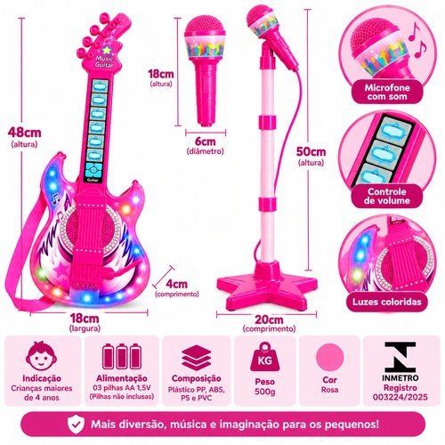 Guitarra Musical Infantil 50cm Rosa/Azul Microfone Pedestal Karaokê Som MP3