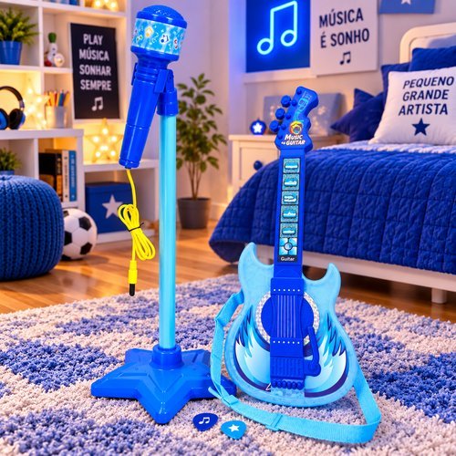 Guitarra Infantil 50cm com Microfone e Pedestal Karaokê MP3 - Azul