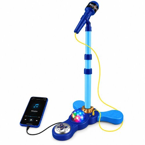 Microfone Infantil Karaoke Com Pedestal Conector Mp3 Azul Som Potente Crianças