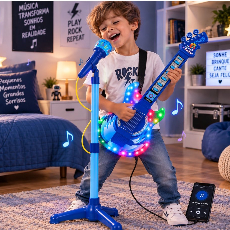 Guitarra Infantil com Microfone e Pedestal Karaokê MP3 - Azul