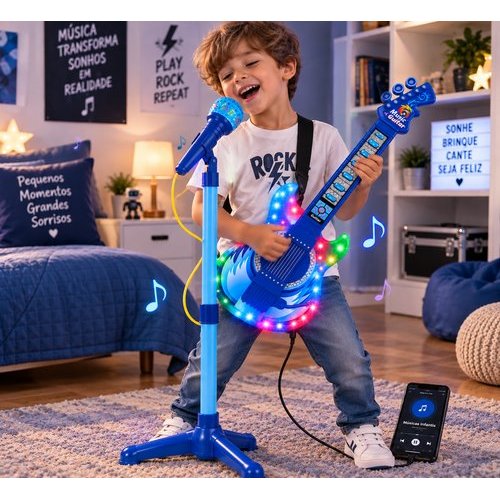 Guitarra Infantil Karaoke Microfone Pedestal Som Mp3 Brinquedo Musical Azul Criança