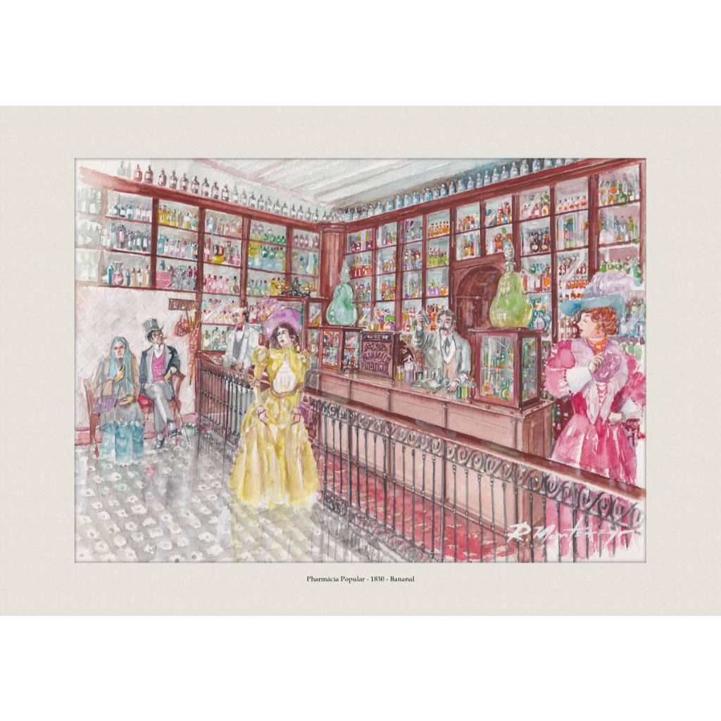Pintura em Aquarela Pharmácia Popular 1830 - Bananal | Quadro Decorativo | Decoração Elegante | A4