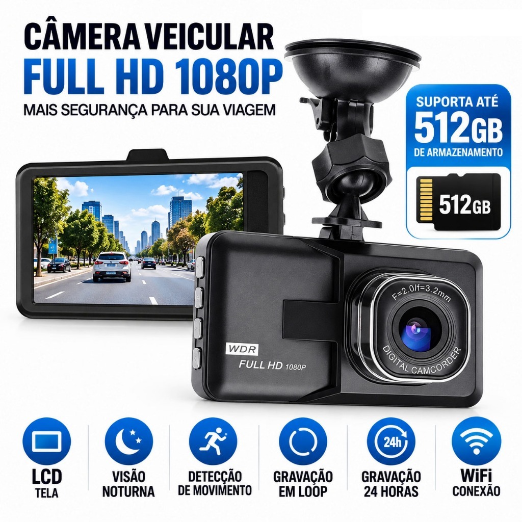 Câmera de Painel DVR WiFi Full HD 1080P Tela LCD Visão Noturna Gravação 24h Suporta 512GB