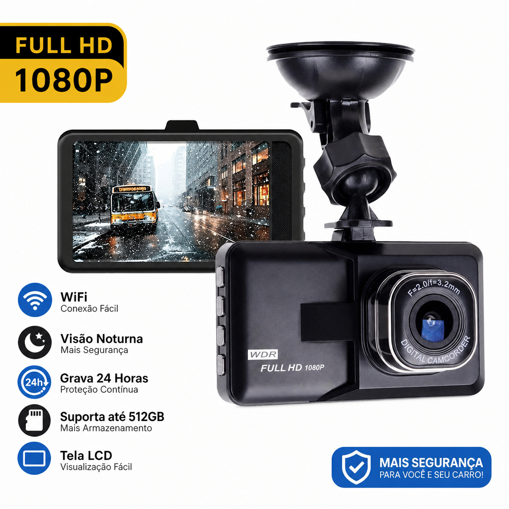 Câmera para Carro DVR Full HD 1080P WiFi Visão Noturna Gravação Contínua Suporta 512GB