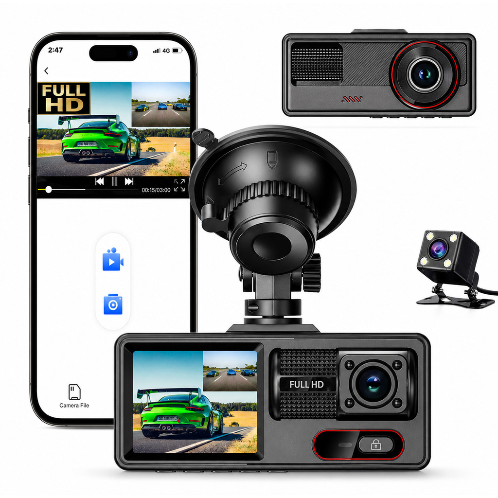 Câmera de Carro WiFi 1080P Tripla Lente Visão Noturna Detecção de Movimento DVR