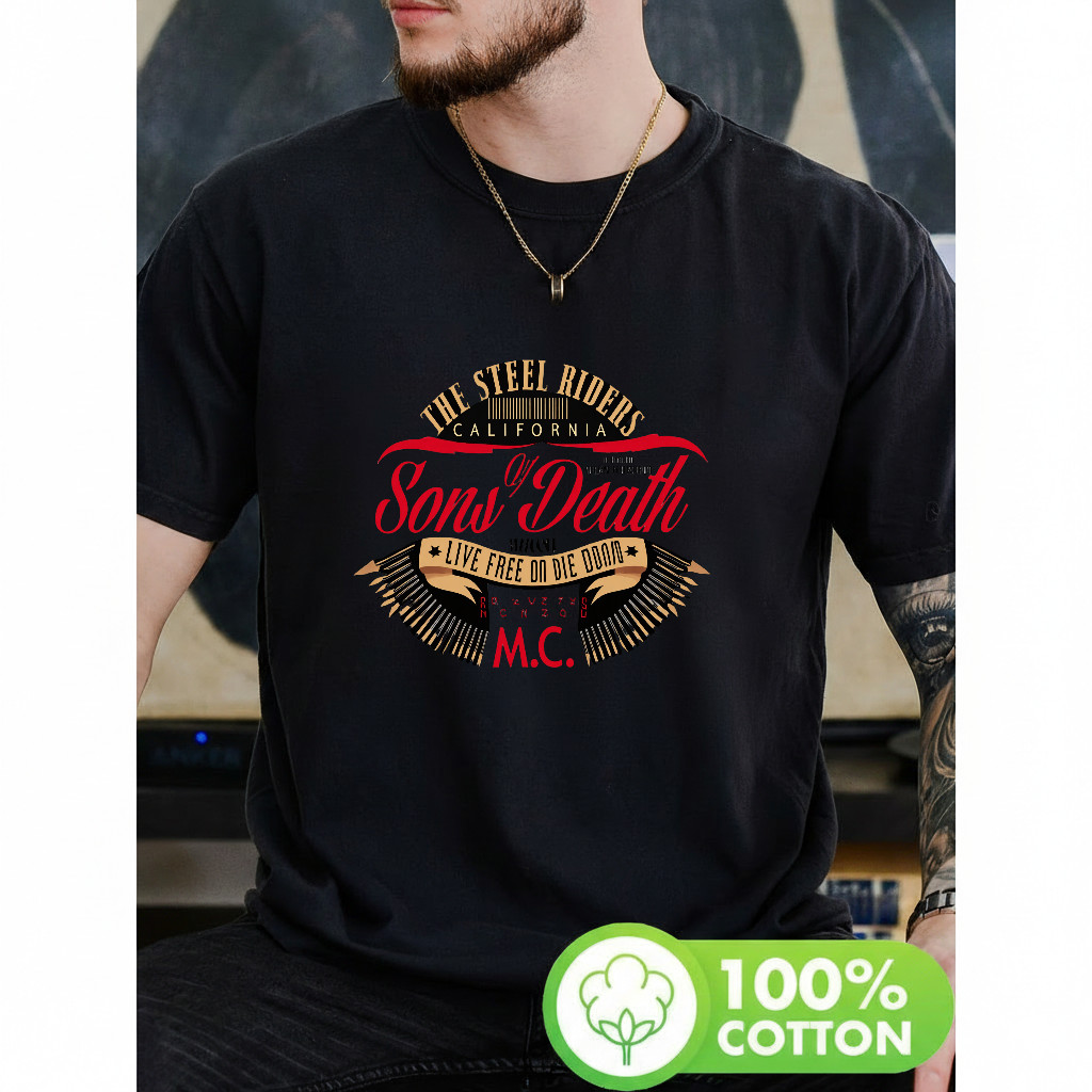 Camiseta Sons Death MC California Steel Riders Live Free Or Die Dodd Estampa Atemporal Elegante Estilosa Tendência