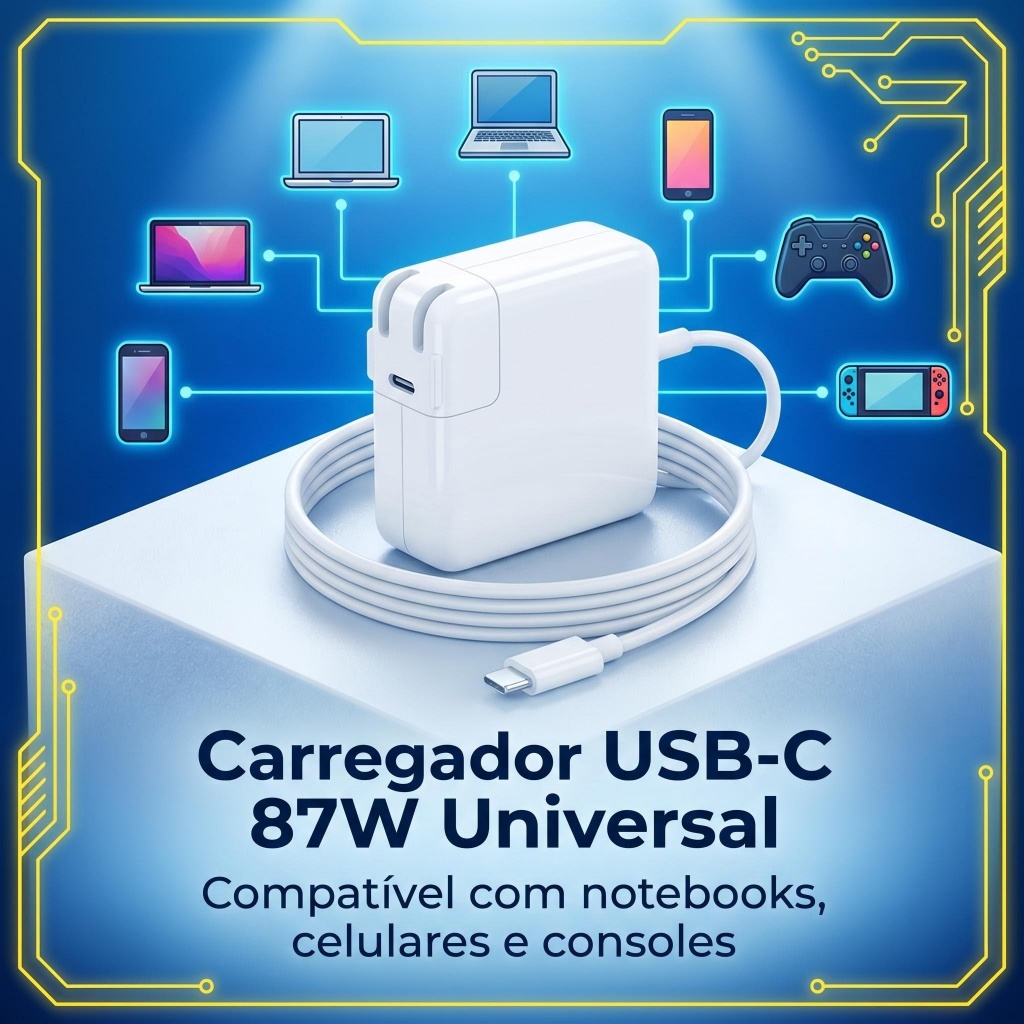 Fonte Carregador Compatível MacBook Pro 2016 2017 + Air 2018 2020 M2 M3 87w USB-C Bivolt