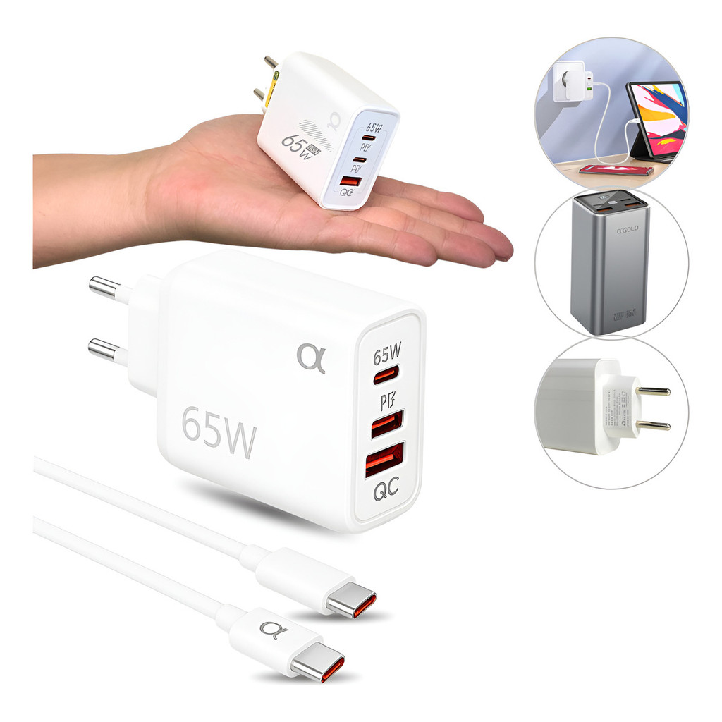 Carregador Super Turbo Gan 65w 2 Usb-c 1 Usb-a + Cabo Tipo-c