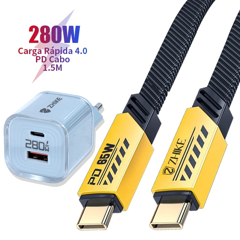 ZHIKE Original Cabo Carregador 280W Carregamento Rápido USB C 65W iP 27W Universal 1.5M Nylon Trançado Com Adaptador GaN