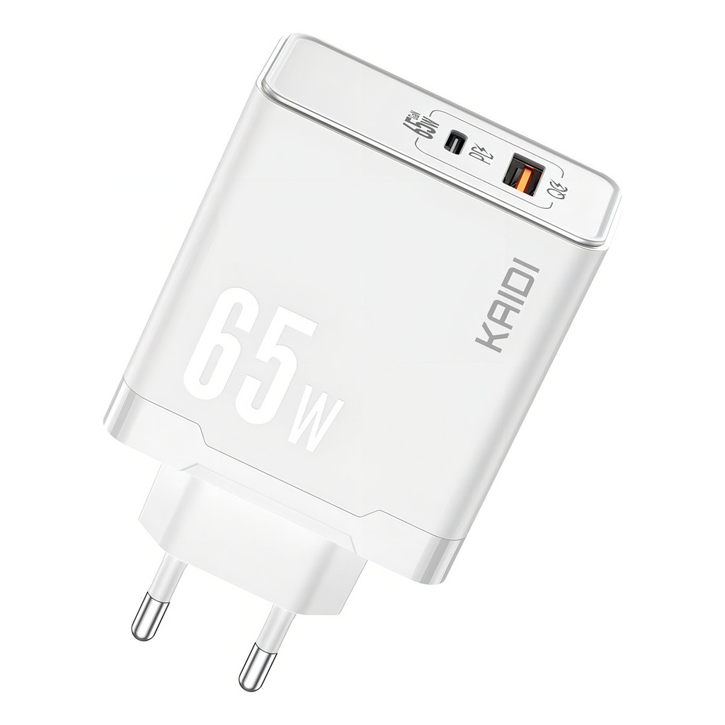 Carregador Turbo USB-C 65W GaN Kaidi Branco para iPhone MacBook Samsung