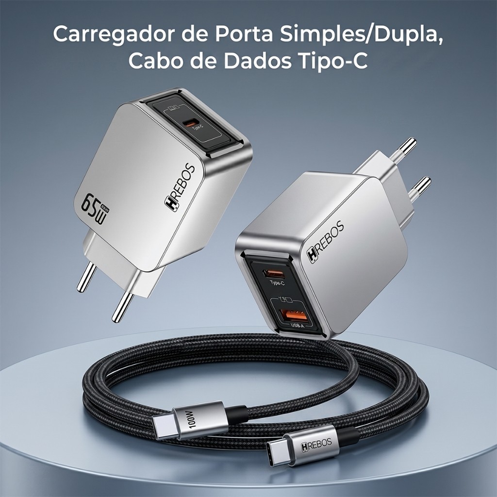 Carregador dupla porta USB‑A USB‑C 65W GaN carregamento rápido multi dispositivos