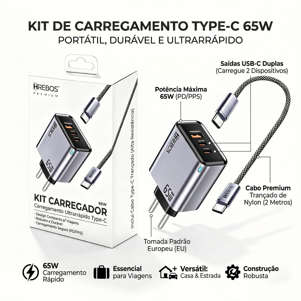HREBOS x HEYOO Kit Carregador GaN 65W 3 Saídas 2xPD Tipo-C + USB-A + Cabo Tipo-C Trançado 2m