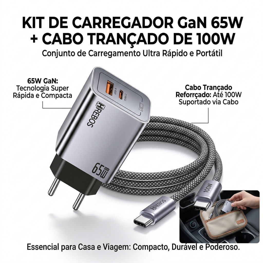 HREBOS x HEYOO Kit Carregador GaN 65W ANATEL USB-A+Type-C + Cabo Tipo-C Nylon Trançado Viagens