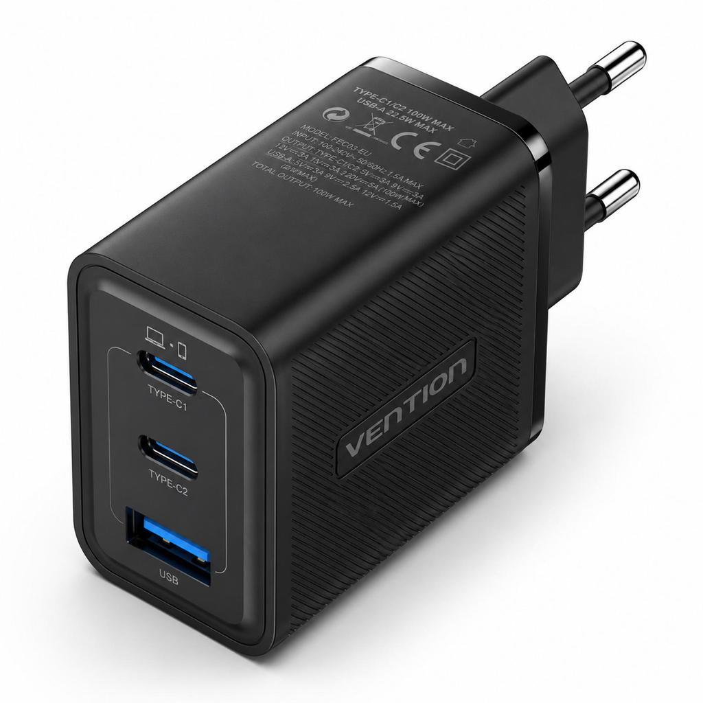 Fonte Carregador GaN 65w 2x USB-C+USB-A PD 3 Portas Vention