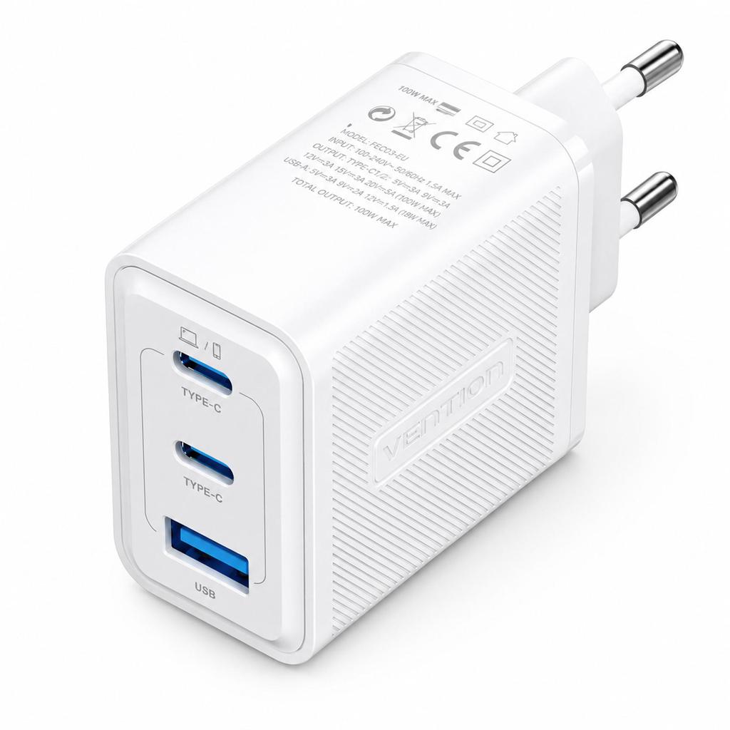 Fonte Carregador GaN 65w 2x USB-C+USB-A PD 3 Portas Vention
