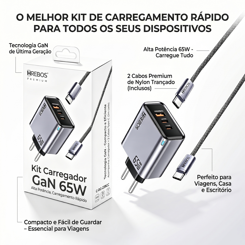 HREBOS Kit Carregador 65W GaN HREBOS Multiporta, com Cabo Trançado USB‑C, Viagem Compatível Notebook e Celulares Android