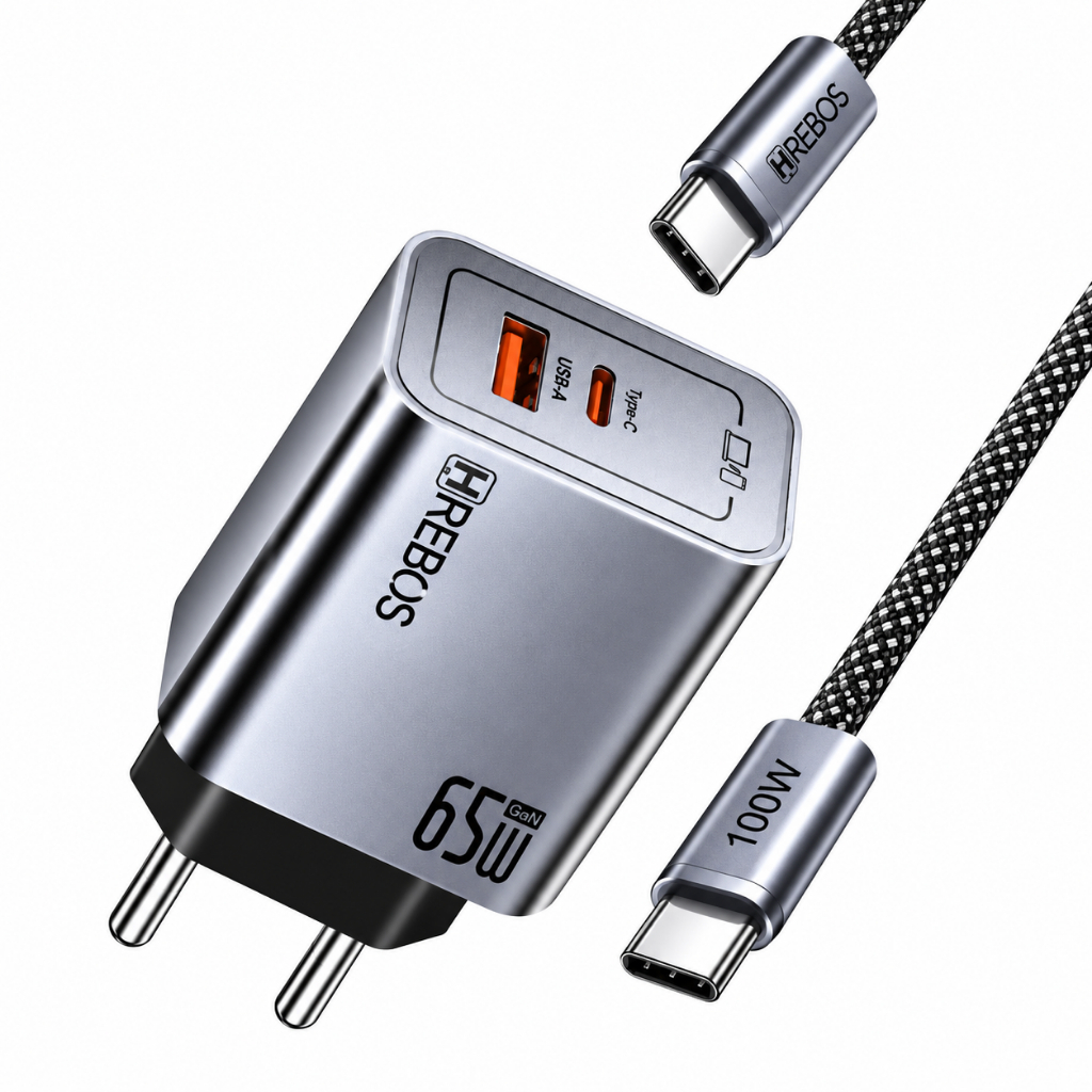 Carregador Turbo 65W Hrebos GaN USB-C USB-A + Cabo 100W para Samsung Iphone Celular Tablet Notebook