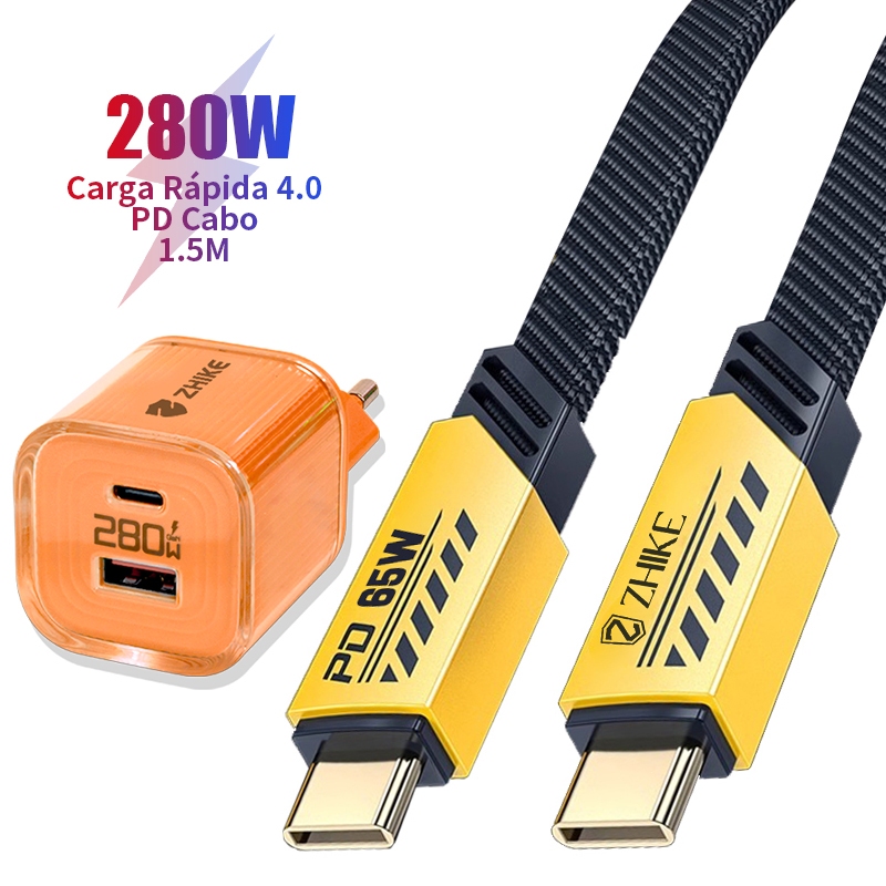 Cabo Carregador Carregamento Rápido PD Tipo C 65W iP 20W 1.5M Trançado Nylon Com Adaptador GaN