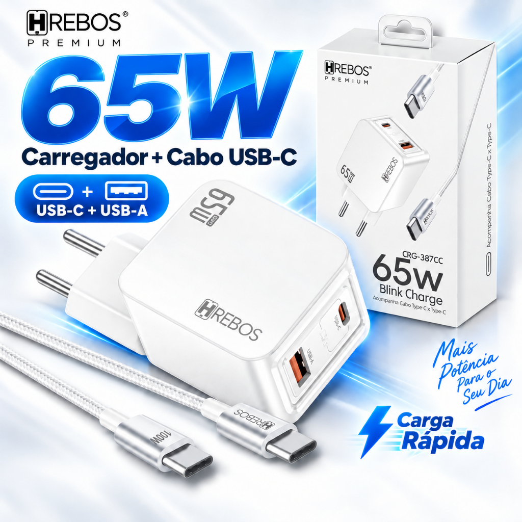 Carregador Celular Turbo 65W USB-C PD + USB com Cabo Type-C Carga Rápida Carregador Rapido Gan
